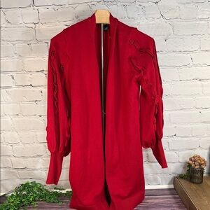 80 Park Elegant Deep Red Women's Sweater Ruffle Balloons Sleeves sewn-in pockets